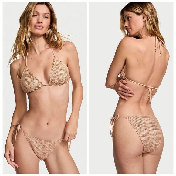 Victoria's Secret Swim Beige Tan Crochet Triangle Bikini Size Large - Picture 1 of 14
